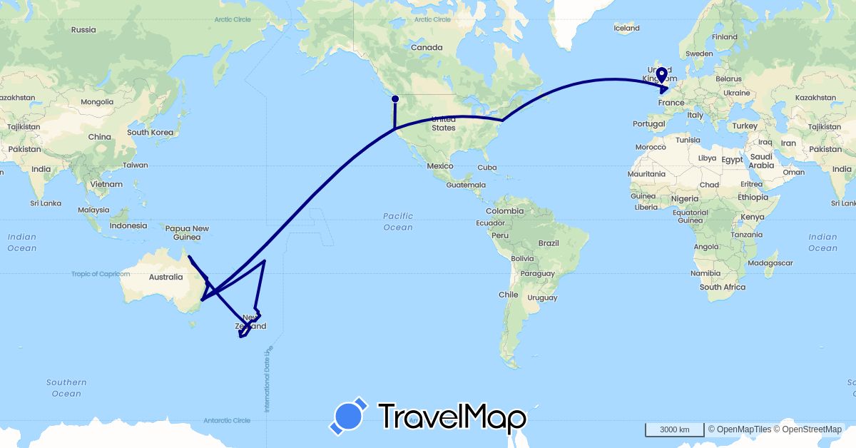 TravelMap itinerary: driving in Australia, Fiji, United Kingdom, Guernsey, New Zealand, United States (Europe, North America, Oceania)